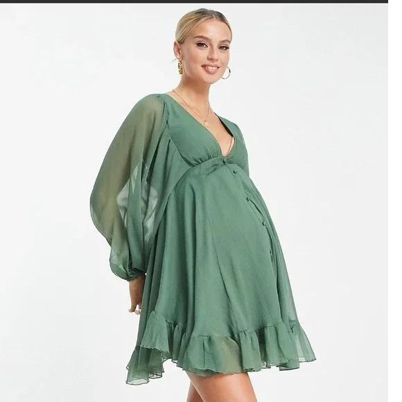 ASOS DESIGN Maternity Mini Dress Sage Green Ruffle Balloon Sleeve Open Back US 8 - Picture 3 of 8